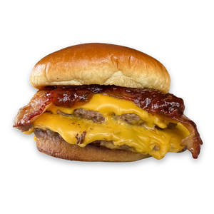 PB&J Heat Smash burger with crispy bacon and a spicy-sweet glaze over melted cheese on a toasted bun