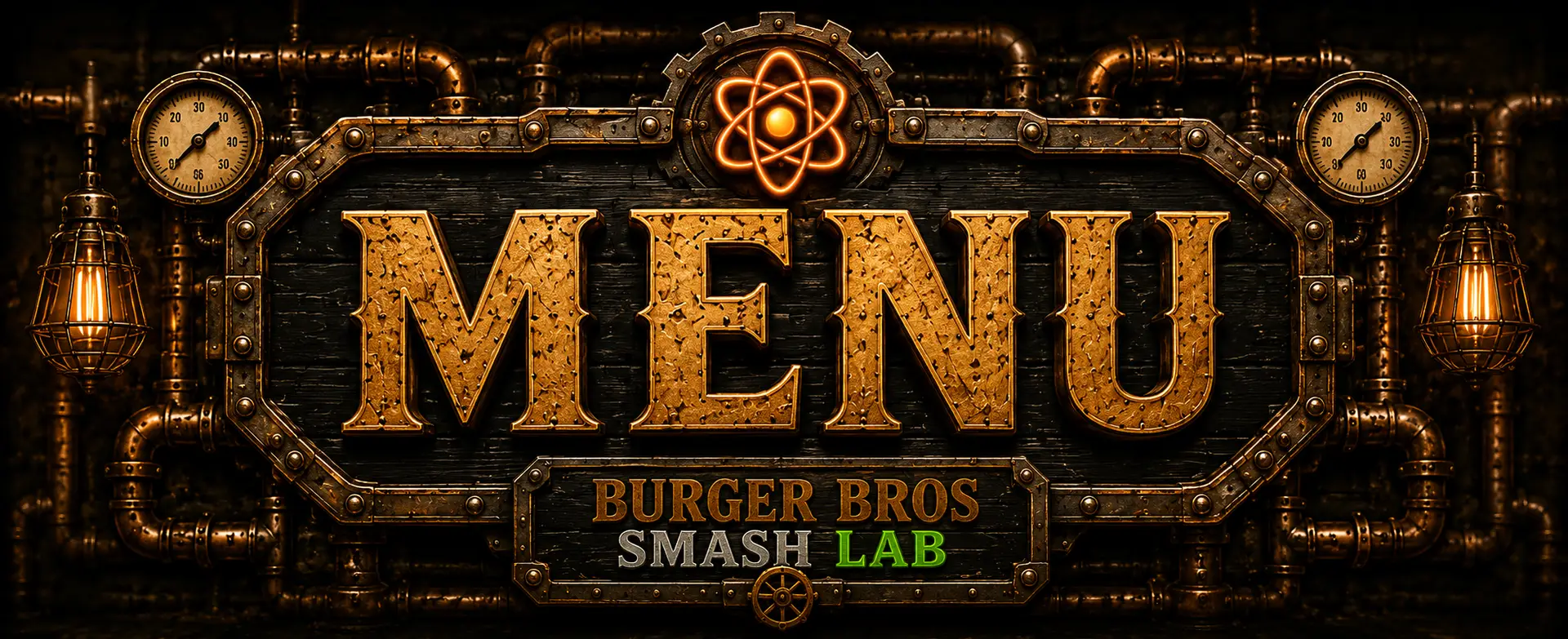 Banner in a steam punk theme labeled "Menu burger bros smash lab"