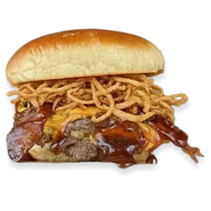Smash burger with Two Angus smash patties, American cheese, crispy bacon, haystack onions, and barbecue sauce on a toasted brioche bun. Served with extra barbecue sauce on the side.